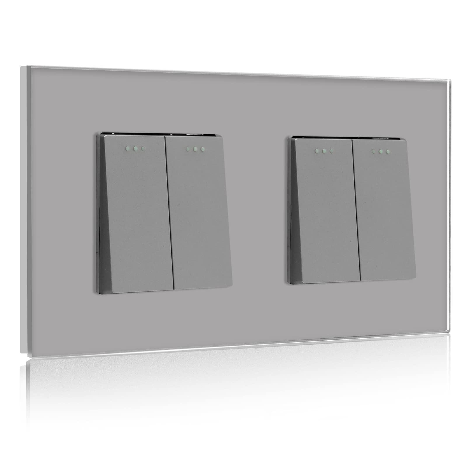 BSEED 2 Gang 2 Way+2 Gang 2 Way Glass Light Switches Screwless 10A Rocker Tactile Wall Switch Grey Crystal Toggle Switch 146mm