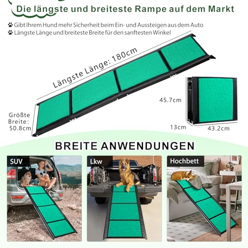Maximale Länge 180cm Große Hunderampe, Klappbare Hunderampe mit Anti-Rutsch-Oberfläche, Hunde-Rampe Auto Klappbar für SUV, LKW & Outdoor Treppen, Hundetreppe Auto für 129kg Große Hunde SUV & LKW