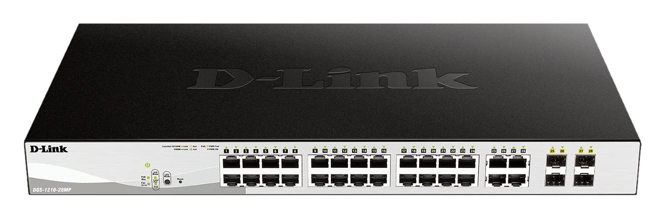 D-Link DGS-1210-28MP/E 28-Port PoE+ Gigabit Smart Managed Switch (24 x 10/100/1000 Base-T PoE-Ports und 4 x 100/1000 Mbit/s SFP Combo-Ports, 370W PoE-Kapazität) - Nur EU-Netzkabel