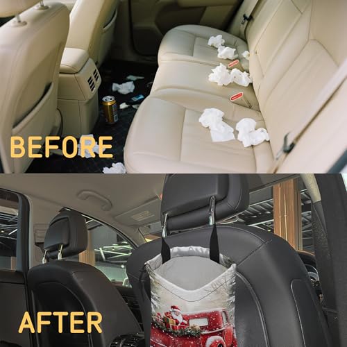 Image of Santa Claus on Red Truck Car Trash Bag, Hanging Drawstring Car Garbage Bag,Canvas Car Back Seat Organizer with Adjustable Buckle for Men and Women