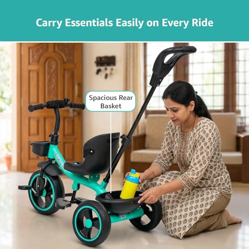 Image of Amazon Brand - Symactive Tricycle for Kids | Plug N Play | Baby Cycle with Parental Control, Eva Wheels, Bell, Seat, Belt & Basket | Kids Tricycle | 2+ Years Unisex | Weight Limit 25 Kgs (Ice Blue)