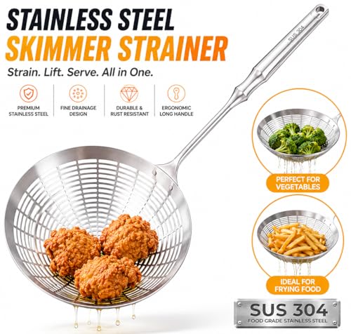 Image of 304 Stainless Steel Cooking Skimmer Jhara with Long Handle, Heavy Duty Spider Strainer Slotted Spoon for Deep Frying, Oil Draining, Pasta, Noodles, Poached Egg, Pakora, Puri & Fries Cooking (Set of 2)