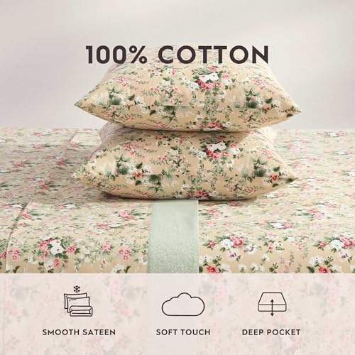 Image of Laura Ashley - King Sheet Set, Breathable Percale Cotton Bedding with Deep Pockets, Chic Home Decor, Oeko-Tex Certified (Serene Dream Brown, King)