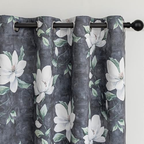 Image of MYSKY HOME 95% Floral Blackout Curtains 63 Inch Long 2 Panels Set for Bedroom - White Flower Printed Thermal Insulated Light Blocking Black Out Grommet Window Treatments, 52 inch W Each Panel, Deep Grey