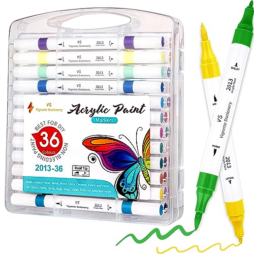 Acrylic Paint Markers Set of 36 Colours, Dual Tip Brush & Fine Paint Pens, Permanent After Dry, Non-Toxic, for Rock, Glass, Ceramic, Wood, Fabric, Plastic & DIY Crafts