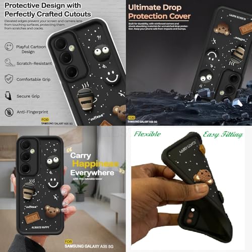Image of Bintage Cute Fun Taddy Cartoon 3D Ball Milk Donut Coffee Cup Silicone Case Full Body & Camera Protection Back Cover Compatible for Samsung Galaxy A35 5G - Black