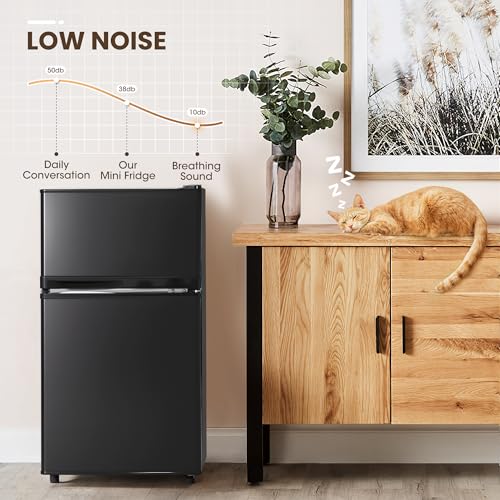Image of Manastin 3.55 Cu.Ft Mini Fridge with Freezer, 2-Door Small Refrigerator with Adjustable Thermostat, Quiet Mini Refrigerator for Bedroom, Dorm & Office (Black)