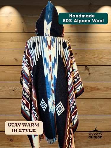 Image of Wool Poncho Adult Ponchos With Hood for men Alpaca Poncho Men Artesanal Ponchos Adult Alpaca Mens Panchos