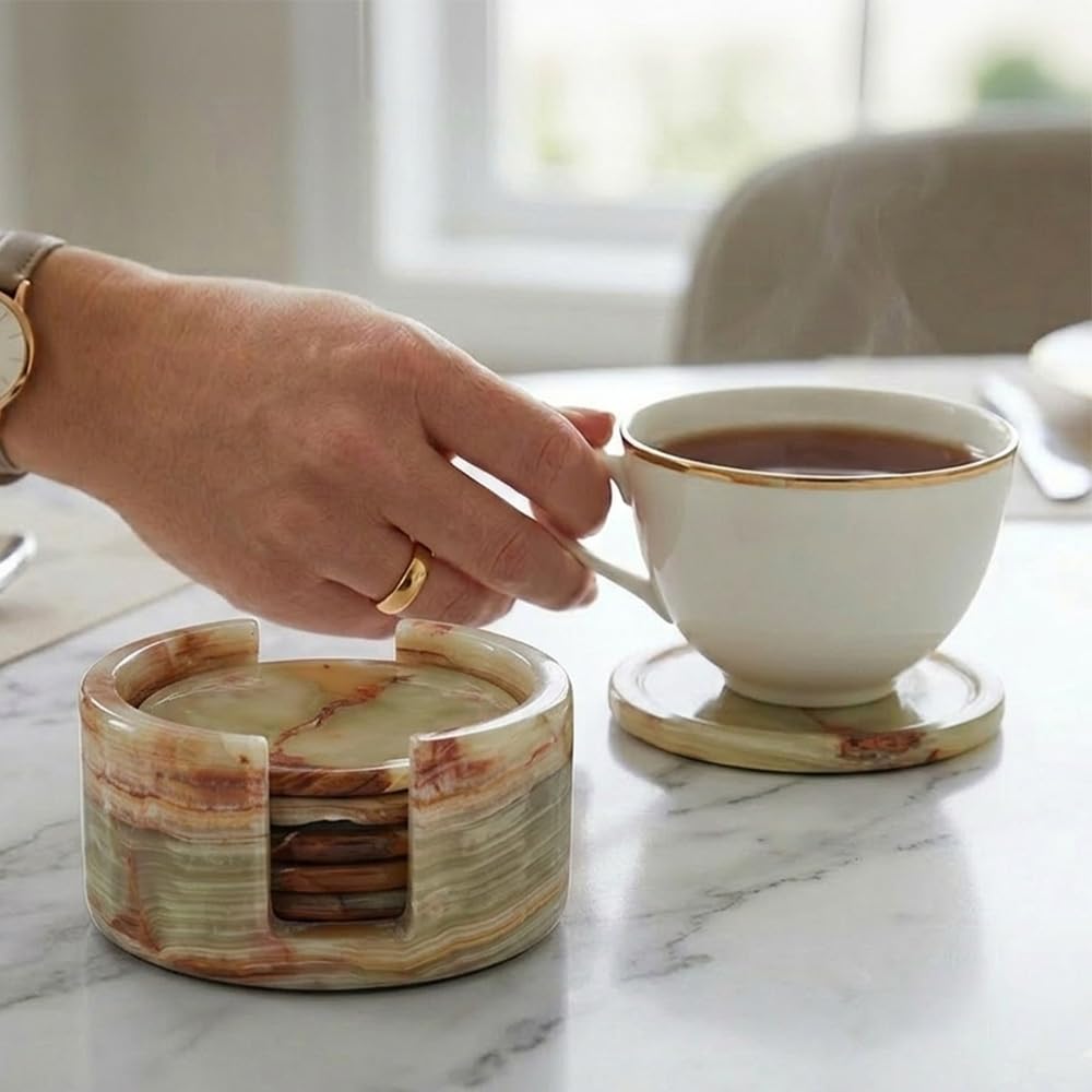 Radicaln Untersetzer-Set für Getränke, handgefertigt, aus Marmor, für warme Kaffeetassen, runde Untersetzer fürs Büro, Küche, Trinkgläser, mit Aufbewahrungsständer, 8,9 cm Durchmesser, grüner Onyx