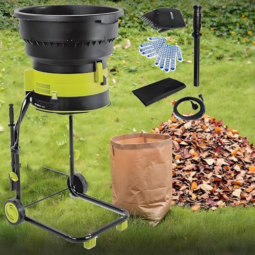 Trituradora eléctrica de jardín y trituradora de madera con ruedas y bolsa de almacenamiento, potente trituradora de hojas, capacidad de corte de 25 mm, protección contra sobrecarga para césped y