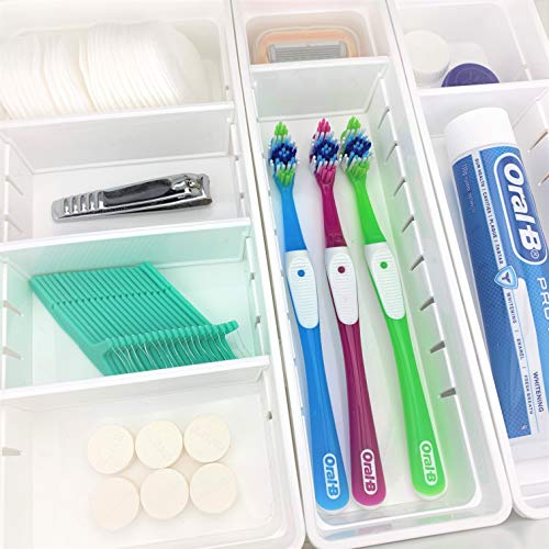 WOWGANISER White Drawer Organizer for Makeup Bathroom Organizer, 12 Adjustable Dividers, White Plastic, Set of 4 Trays, 13.8