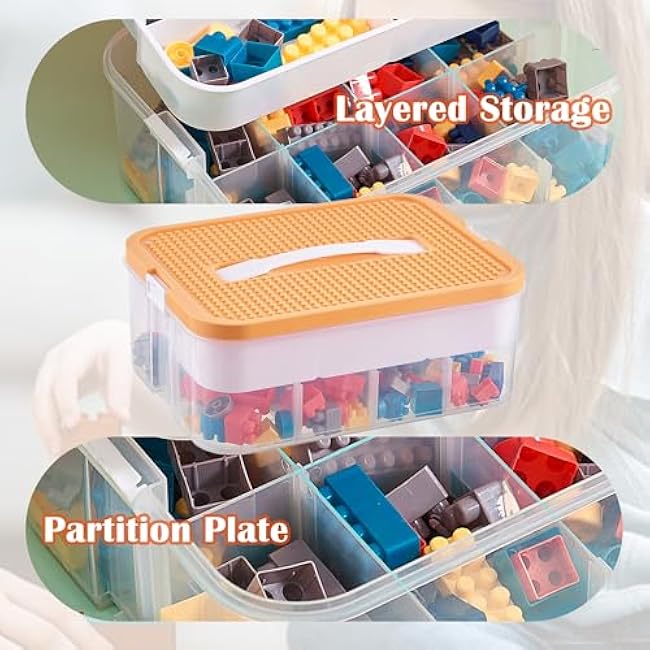 Plastic Storage Bins with Lids, Storage Container with Carrying Handle, Organizer with Removable Compartments and Building Baseplate for Beads, Tools, Crafts Storage, Yellow, 1 Layer
