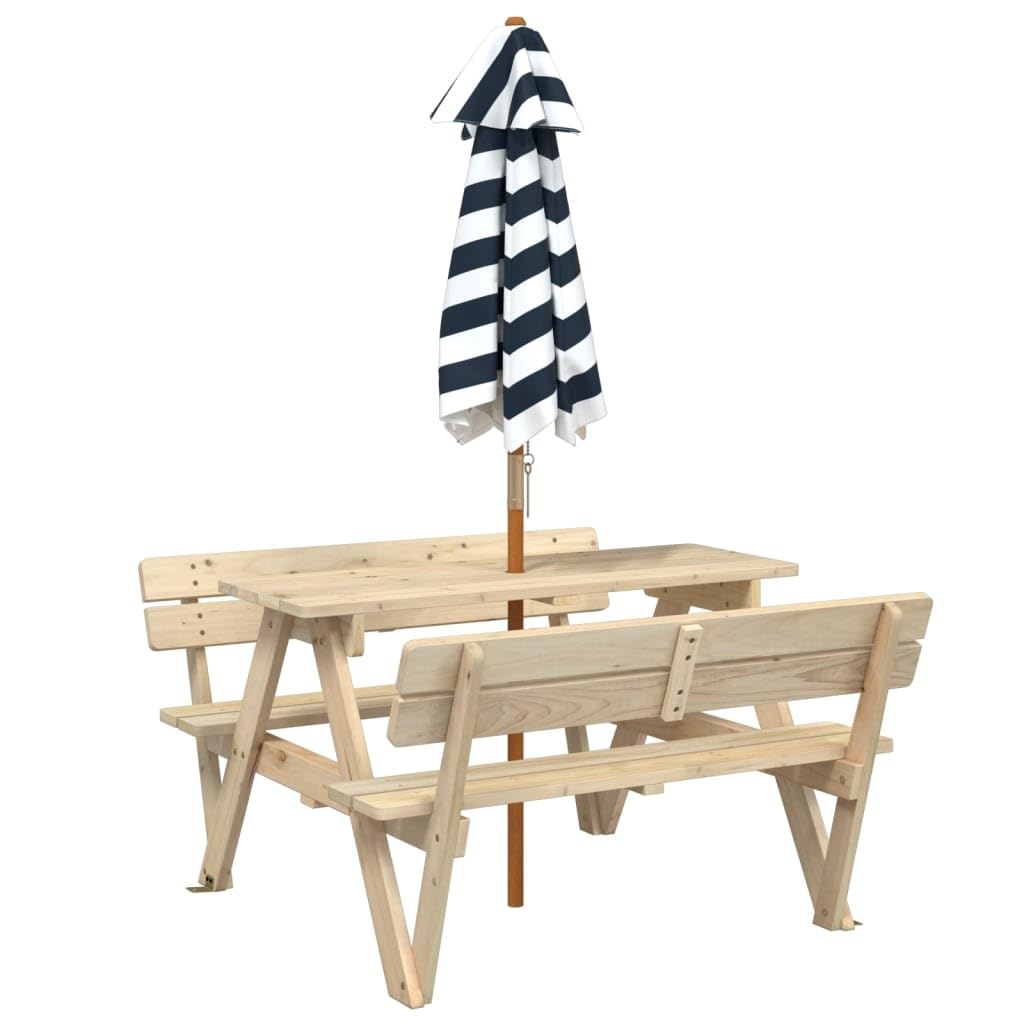 Tavolo da picnic per 4 bambini con ombrellone in legno di abete massiccio, tavolo da giardino per terrazza e balcone, tavolino stabile per mangiare, barbecue, feste e campeggio