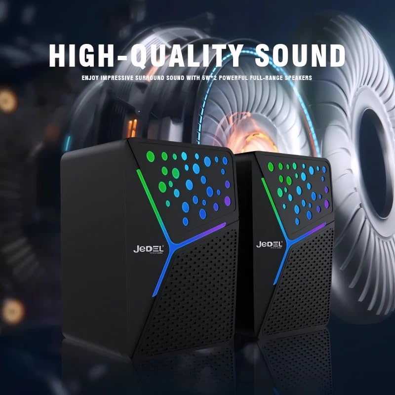 Image of Jedel 2x6W Gaming PC Speaker with RGB Lights, USB Powered Laptop Speaker, 3.5mm AUX Wired Stereo Computer Speaker for Desktop & Laptop, 20Hz-20kHz, Constellation S527 Black