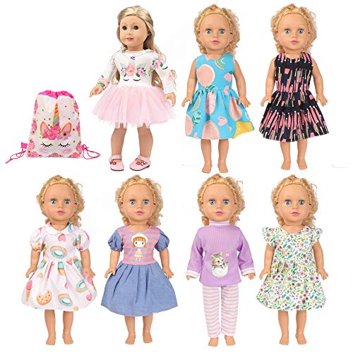 SOTOGO 7 Sets 18 Inch Doll Clothes Doll Outfits Doll Accessories with Storage Bag, Doll Clothes for American 18 Inch Girl Doll