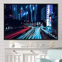 Framed Canvas Wall Art Light Exposure Colorful Industrial Lights Multicolor Neon Photography Places Portrait Realism - 16x24 inches