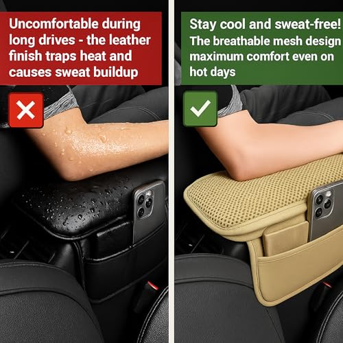 Image of DETACHI Car Center Console Armrest Cover Pad, PU Leather Mesh Armrest Cushion,Universal Fit for SUV /Truck /Car, Console Box Cover With 2 Mobile Pockets, Breathable Mesh Fabric Mat-(Beige, 31X18X2CM)
