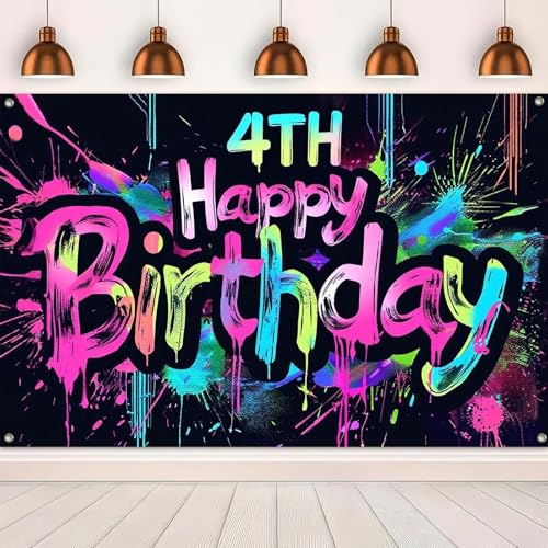 Image of HOMETITUTE Neon 4th Birthday Party Banner 71x43 Inch Paint Splatter Walls Decor for Kids Boys Girls Four Years Celebration Photo Booth Dynamic Background Glow in The Dark Backgrounds