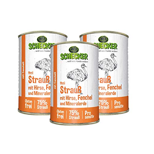 Produktbild von Schecker Hundemenü Strauß mit Hirse, Fenchel und Mineralerde - 3 x 410 g