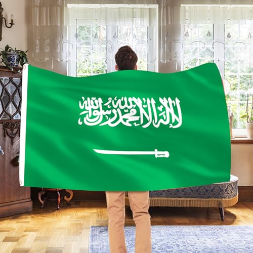 Image of Ahfulife Saudi Arabia Flag 3x5 Ft, 2 Pcs Large Saudi Arabian National Flags for Outdoor Indoor, Double Sided with Brass Eyelets for World Cup, National Day, Party, Garden, Bar, Street Decor