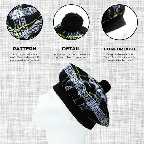 Image of Scottish Tam O' Shanter Hat Tartan Bonnet Pom Pom Wool Flat Cap One Size