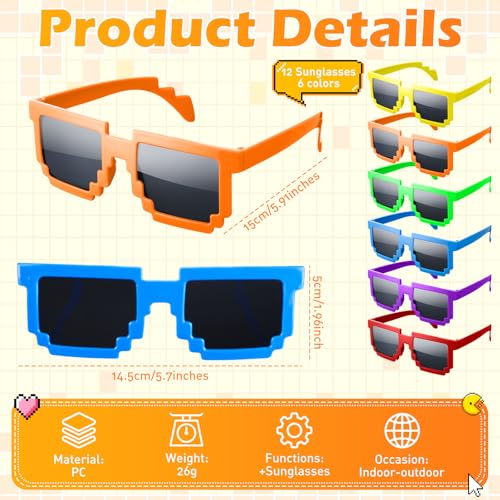 24 Halloween Pixelated Sunglasses for Kids and Adults Birthday Party Decoration Neon Multicolor Sunglasses for Game2