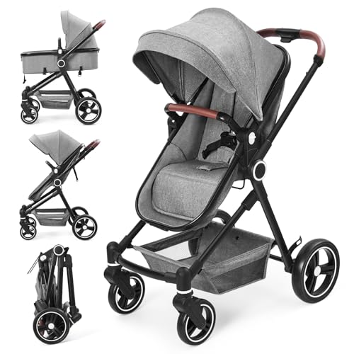 Baloveby Silla de Paseo Bebé 2 en 1 con Asiento y Cuna Ajustables, Carrito Bebé con Compacto y Ligero, Toldo Retráctil, Cesta de Almacenamiento, Cinturón de Seguridad y Amortiguadores (Gris)