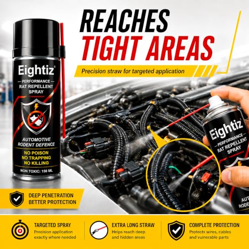 Image of Eightiz Rat Repellent Spray for Cars, Bikes, Computer No Mask Required, No Trapping Protect Wires in Car Bike Computer No Poisoning,No Killing, Unique Natural Active Ingredients 150 ml.