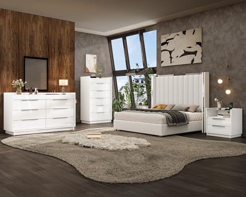 Image of AMERLIFE 4 Piece Bedroom Furniture Set, 2 Nightstands with Charging Station, 8 Drawer Dresser with LED Light & 5 Drawer Chest, Modern High Gloss UV Finish, Bedroom Storage Organizer, White