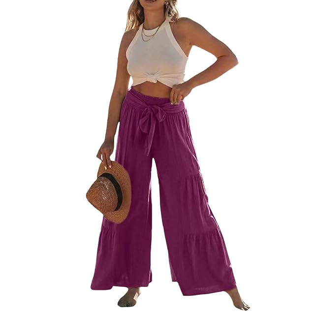 Womens Cotton Linen Wide Leg Pants Tie High Waist Casual Loose Fit Palazzo Pants Ruffle Hem Tiered Flared
