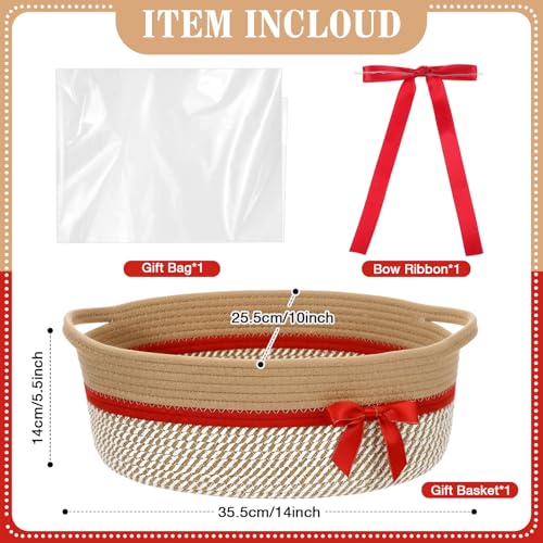 Image of Colingmill 1 Set Woven Basket for Gift Empty with Cellophane Wrap Set 14 x 10 x 5.5 Inch, Medium Decorative Gift Basket Empty to Fill, Cotton Rope Storage Box Decor (Brown Red)