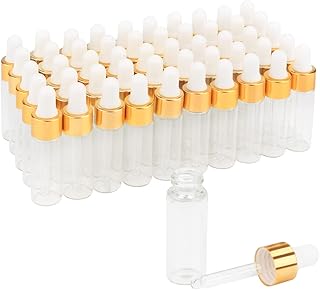 Empty Transparent Glass Bottles Containers Vials Holder,5ml Essential Oil Glass Dropper Bottle Makeup Sample Storage Containers With Gold Head Glass Dropper &White Dropper Cap&2pcs Straws,50pcs