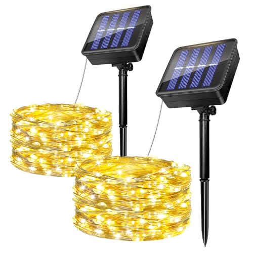 2 Pezzi Catena Luminosa Esterno Solare, 5M 50 LED Luci Solari Giardino, 8 Modalità IP65 Impermeabile Filo di Rame Luci Lucine da Esterno Decorative Per Patio Natale Matrimoni Festa (Bianco Caldo)