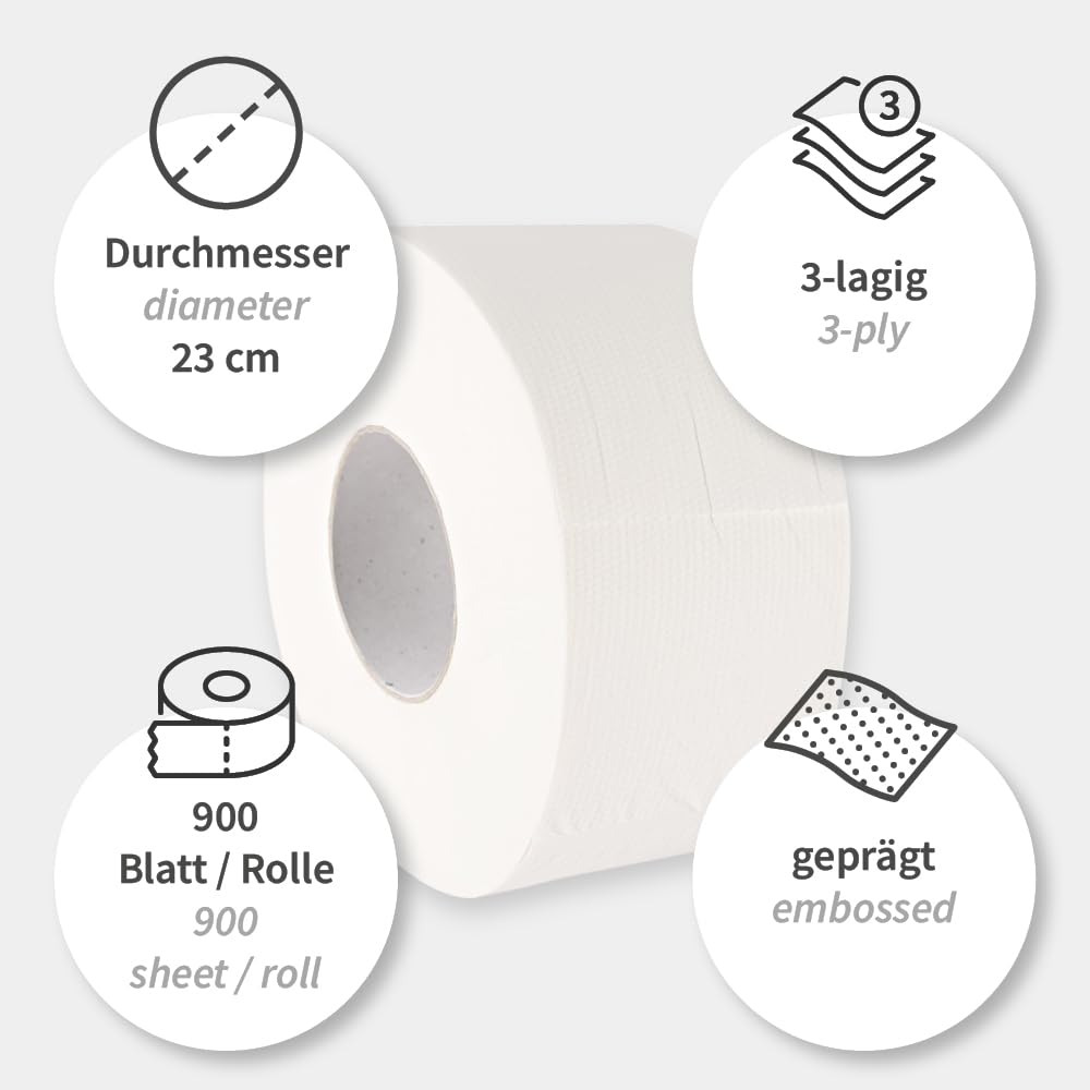 12 Stück, Toilettenpapier, FRANZ MENSCH, 20x9cm, weiß, 3-lagig, 900 Abrisse | Jumbo, Zellulose, Ø 23cm, 8cm Kern, 180m Lauflänge, WC-Papier, Klopapier, restroom, Sanitärbereich, Großverbrauch