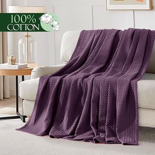 Image of Elegant Comfort Premium 100% Cotton Waffle Blanket - Lightweight Breathable Waffle Weave Bed Blanket - Soft and Warm All Season Blanket for Couch, Sofa and Bed, Full Size 88x88 Inches, Purple