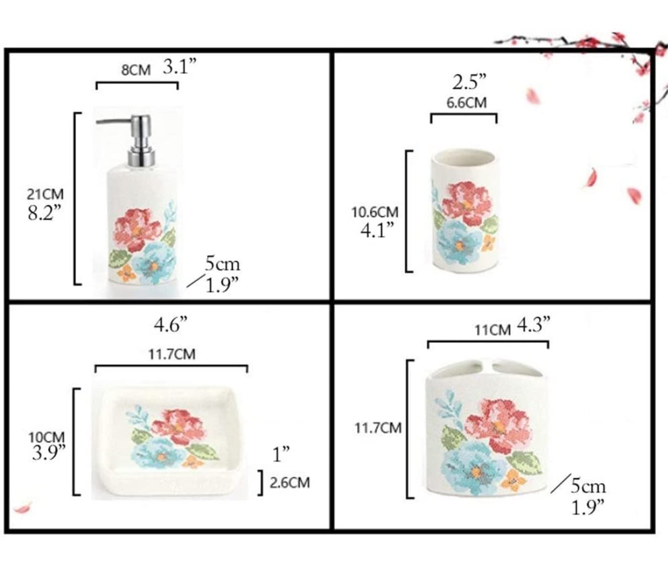 Zestaw 5-częściowych dozowników mydła Ceramic Flower | Łazienka: Zestaw 5-częściowy dozownika mydła w płynie Ceramiczny Kwiat z uchwytem na szczoteczkę do zębów
