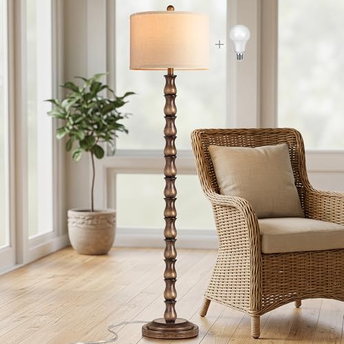 63.5" Rustic Floor Lamp for Living Room, Farmhouse Floor Lamp with Rotary Switch & Linen Shade, Vintage Resin Tall Standing Lamp for Bedroom Corner Office Home Decor, Dark Brown (LED Bulb Included) by PARTPHONER - Used condition - US$39.99