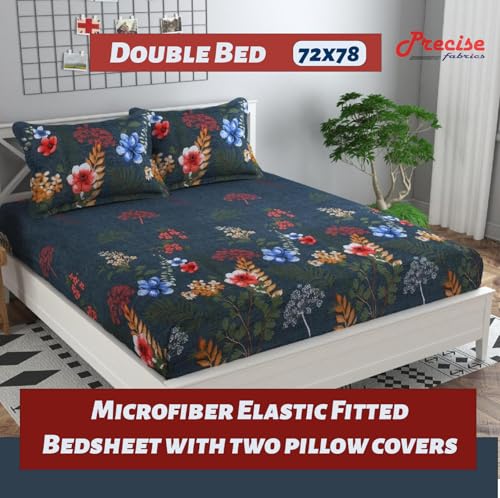 Image of Cotton Feel Glace Cotton Elastic Fitted Printed King Size Double Bed Bedsheet with 2 Pillow Cover(72 inchx78 inch,) Green Floral