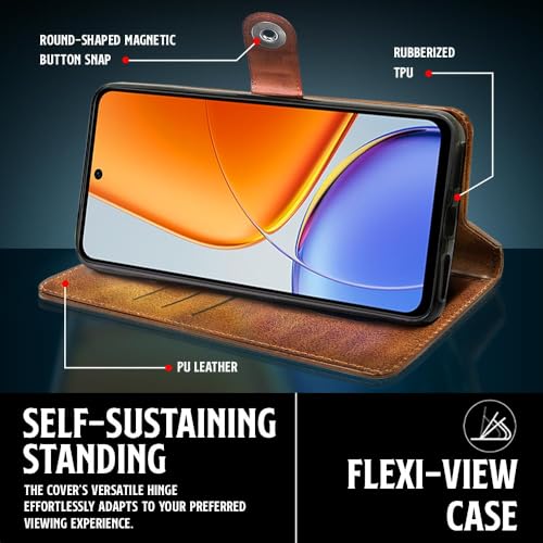 Image of WOW IMAGINE Shock Proof Flip Cover Back Case for Vivo T4x 5G | iQoo Z10x 5G | Vivo Y31 Pro 5G (Magnetic Button Flip Case | Wallet Pockets & Stand | Leather Finish | Alder Brown)