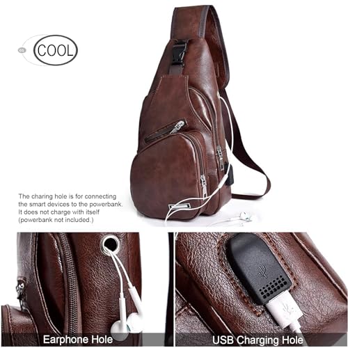 Peicees Pack of 2 Medium Leather Sling Bag Mens Crossbody Bag Chest Bag Sling Backpack for Men with USB Charge Port, Dark Brown&Black2