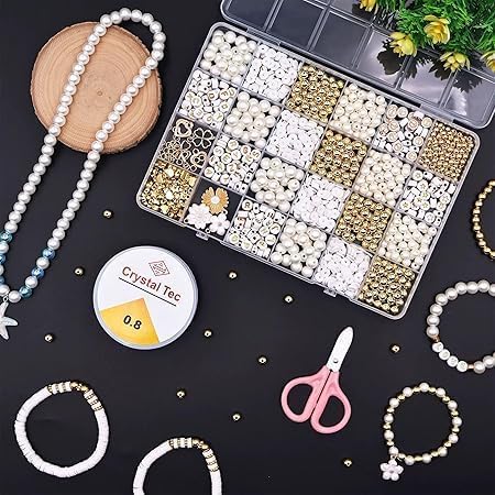 AORDEY White Gold DIY Bracelet Kit – Jewelry Making Set with Alphabet Beads, Pearls, Golden Charms, Elastic Thread, Tools & Storage Box – Craft Set for Girls, Kids, Women – Perfect Hobby & Gift-image-43