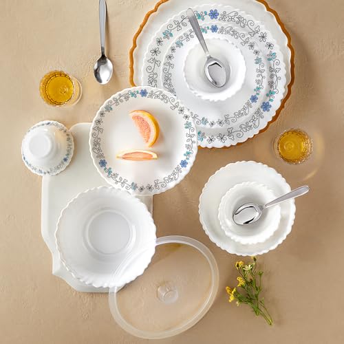 Image of Larah by Borosil 41pc Opalware Silk Series Dinner Set with Steel Spono | for Family of 6 | Microwave & Dishwasher Safe | Bone-Ash Free | Crockery Set for Dining & Gifting | Plates & Bowls (Blue IRIS)