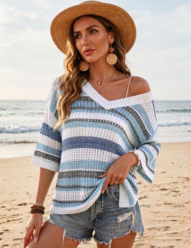 Image of Rapbin Women's Crochet V Neck Beach Cover Up 3 /4 Sleeve Hollow Out Knitted Pullover Sweater