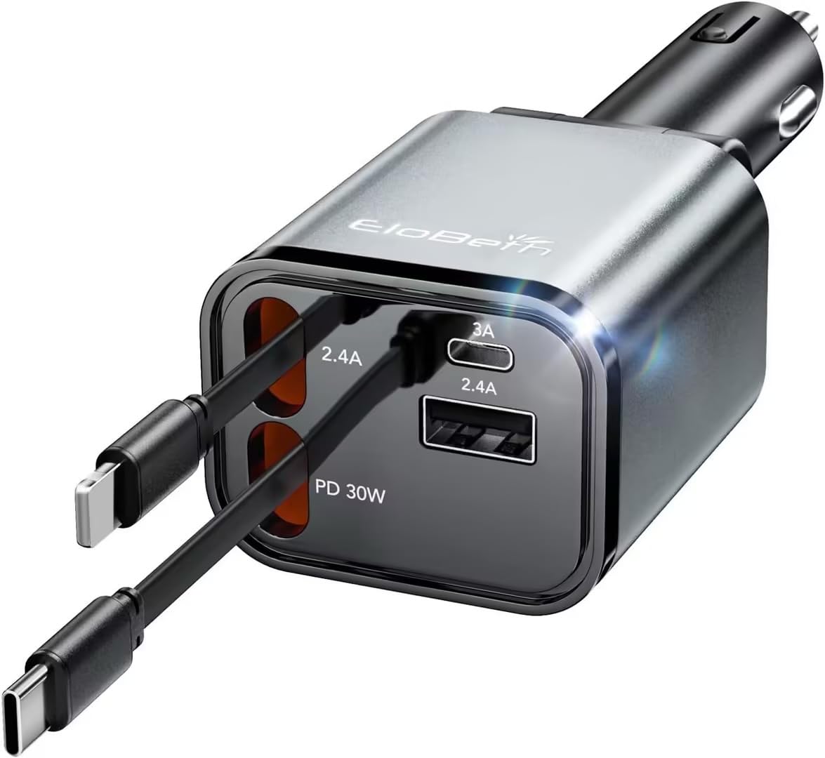 Retractable Car Charger Adapter for iPhone 17 4 in 1 Fast Charging Car Phone Charger 69W USB C