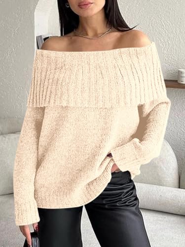 Image of Saodimallsu Womens Off The Shoulder Sweaters Oversized Long Sleeve Loose Ribbed Knit Fall Trendy Pullover Tops