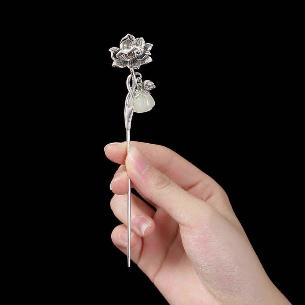 925 Sterling Silber Haarnadel Hair Stick Retro Chinesisch Weißer Jade Lotus Klassischen Weiblichen Temperament Braut Haarschmuck Deko Feste