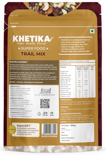 Image of Khetika Trail Mix 200g | 7 Superfood in 1 Mix | Dry Fruits & Seeds Mixed pack, Energy Power Pack Contains Almonds, Cashews, Cranberries,Black Raisins, Long Raisins, Pumpkin Seed, Blueberries