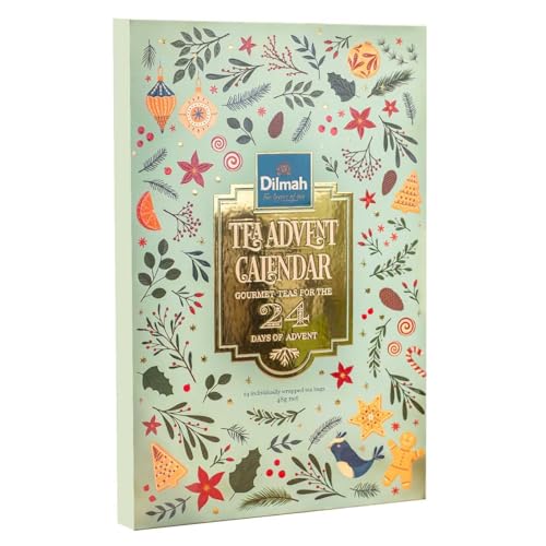 Dilmah Calendario de Adviento de Té 2025 – 24 bolsitas individuales de té de Ceilán, té negro, verde y oolong – estuche calendario de Adviento para la época navideña, 24 bolsitas