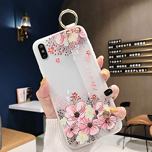 Robinsoni Case Compatible with iPhone XS Semi-Transparent Floral Flower Pattern Cover for Girls Women TPU Silicone Wrist-Band & Mental Ring Case Glitter Floral Cover Shockproof Bumper Back Case