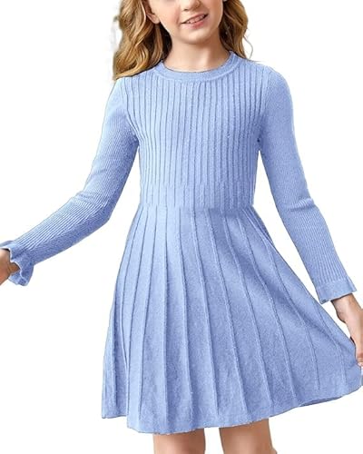 Haloumoning Mädchen Pullover Kleid Langarm A-Linie Strickkleid Warm Schule Herbst Winter Kleid Einfarbig Basic Freizeitkleid Partykleid Hellblau 140